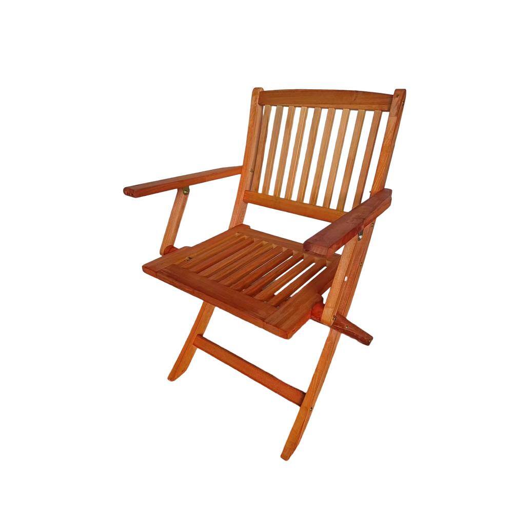 A brown foldable wooden patio dining chair with slatted back and seat.