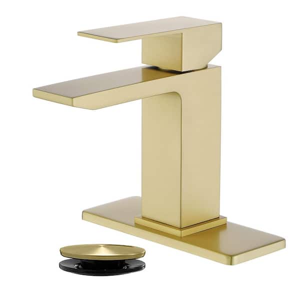 FLG Single Handle Single Hole Bathroom Faucet with Pop-up Drain Stainless Steel Waterfall Sink Vanity Taps in Brushed Gold