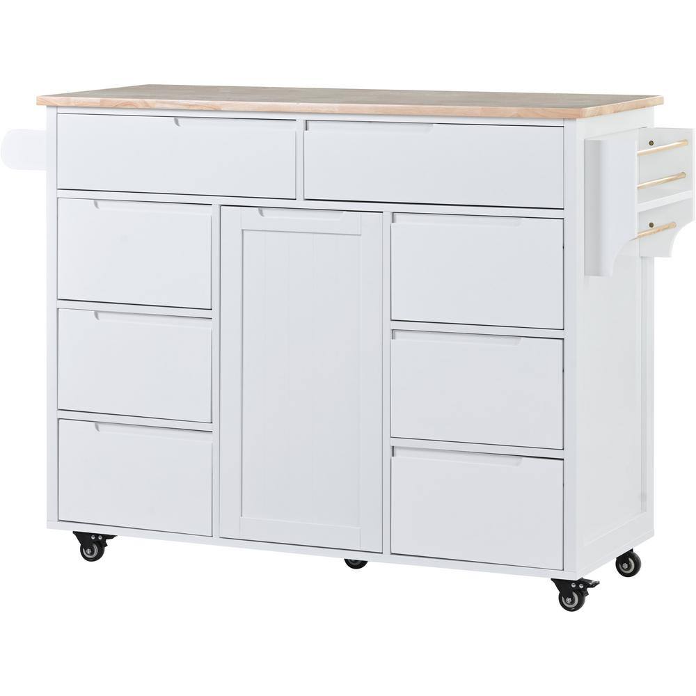 White Rubber Wood Countertop 53.1 in. W Kitchen Island with Adjustable