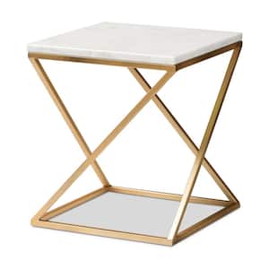 Hadley 13.8 in. White and Gold Square Marble Top End Table