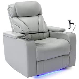 Light Gray PU Home Theater Power Recliner with Storage USB Charging Port Stereo Tray Table and Phone Holder