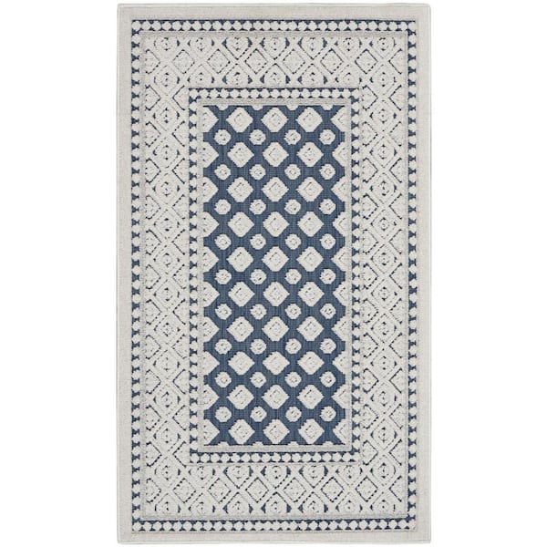 Hampton Bay Calobra Blue doormat 2 ft. x 4 ft. Geometric Contemporary Indoor/Outdoor Patio Kitchen Area Rug