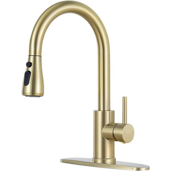 Single Handle Kitchen Faucet Pull Down Sprayer Kitchen Faucet with Deck Plate in Brushed Gold