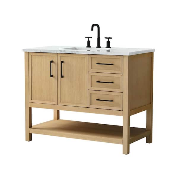 Oliver 42 in. W Bath Vanity in Light Oak with Engineered Stone Top in Arabescato with White Sink
