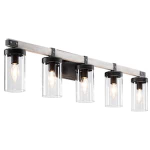 37 in. 5-Light Matte Black and Light Wood Grain Vanity Light with Clear Glass Shade