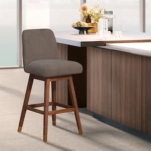 Amalie 37.5 in. Brown Oak Swivel Bar Stool with Taupe Fabric Seat
