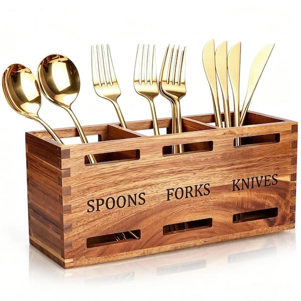 Acacia Wood Silverware Caddy with 3 Compartments, Flatware Cutlery Holder Organizer for Kitchen Counter