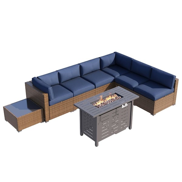 Sizzim Brown 8-Piece Wicker Rattan Outdoor Patio Fire Pit Set