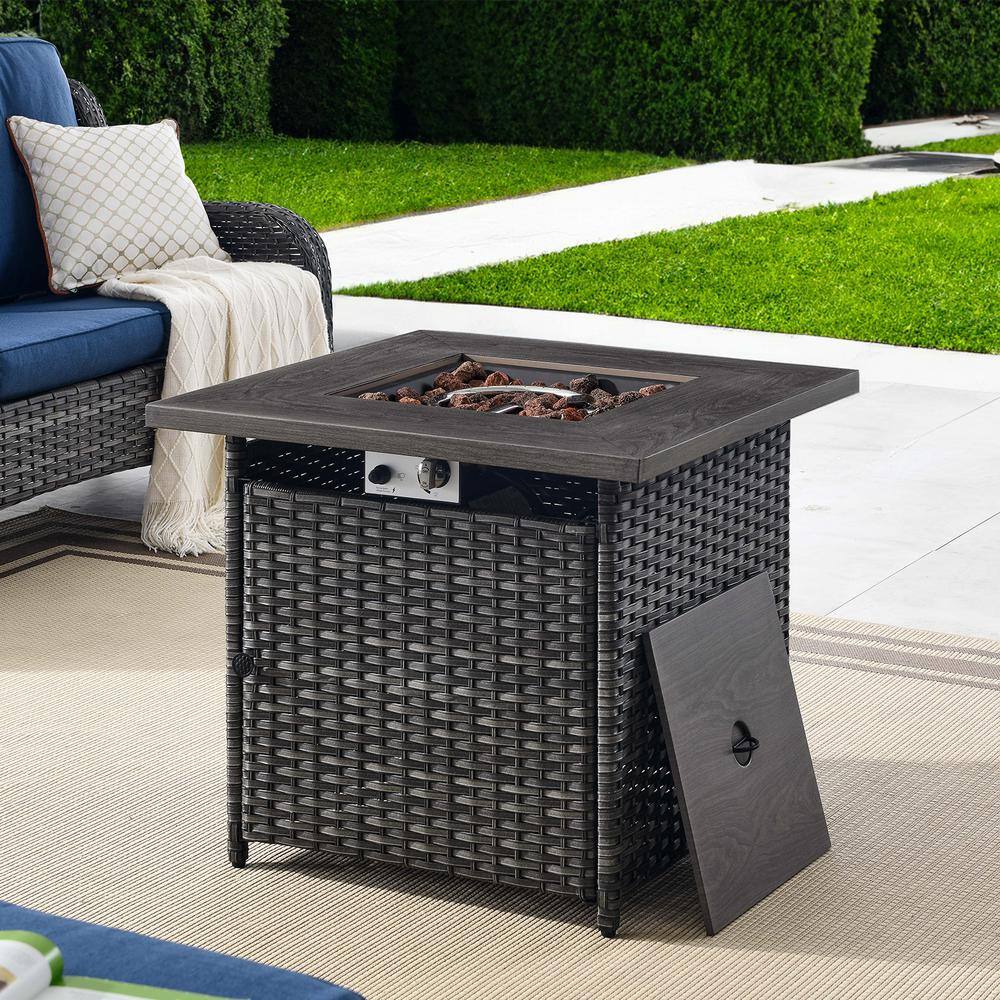 Gray Wicker Propane Fire Pit Table with Faux Wood Top