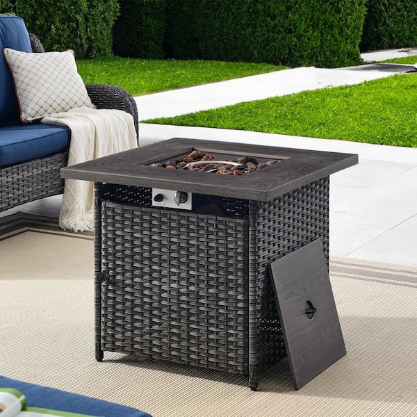 30 in. 50000 BTU Rectangular Gray Rattan Propane Outdoor Fire Pit Table with Lava Stone