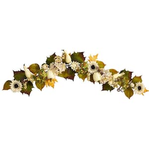 5 ft. Green Fall Sunflower, Hydrangea and White Pumpkin Artificial Autumn Garland