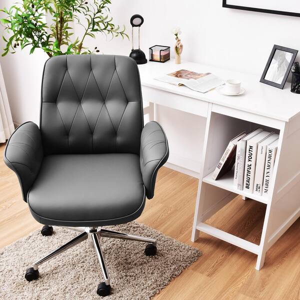 Adjustable Swivel PU Leather Wheel Wood Leg Chair Office Lounge Home Soft  Seat 