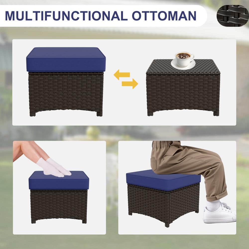 Azure Bay Dark Blue and Brown Steel Wicker Patio Ottoman Set