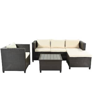 5-Piece Wicker Outdoor Dining Set with Ottoman and Beige Cushions