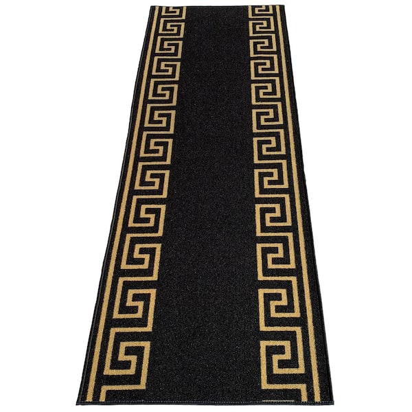 Unbranded Greek Key Black and Gold 26 in. Width x Your Choice Length Custom Size Roll Runner Rug/Stair Runner
