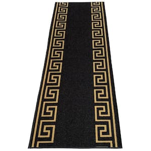 Greek Key Black and Gold 31 in. Width x Your Choice Length Custom Size Roll Runner Rug/Stair Runner