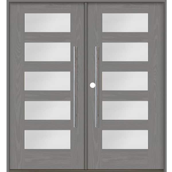 Faux Pivot 72 in. x 80 in. Right-Active/Inswing 5Lite Satin Glass Malibu Grey Stain Double Fiberglass Prehung Front Door