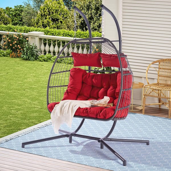 Coporesell 2-Person Egg Swing Chair Black Wicker Outdoor Patio Hanging Chair with Red Cushion