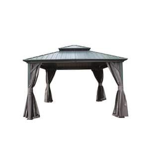 12 ft. x 12 ft. Gray Pop-Up Canopy Hardtop Gazebo Aluminum Metal with Galvanized Steel Double Roof Curtain and Netting