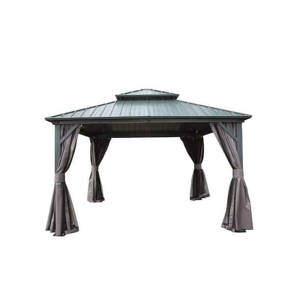 ITOPFOX 12 ft. x 12 ft. Gray Pop-Up Canopy Hardtop Gazebo Aluminum Metal with Galvanized Steel Double Roof Curtain and Netting