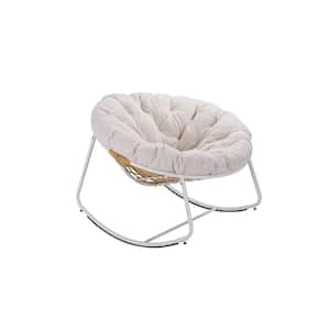 Modern 1-Piece Metal White Round Rattan Rope Club Outdoor Rocking Chair with Beige Cushion