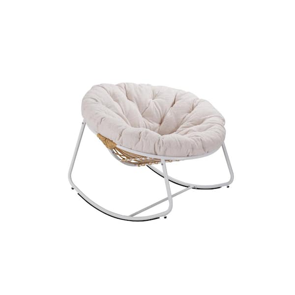Unbranded Modern 1-Piece Metal White Round Rattan Rope Club Outdoor Rocking Chair with Beige Cushion