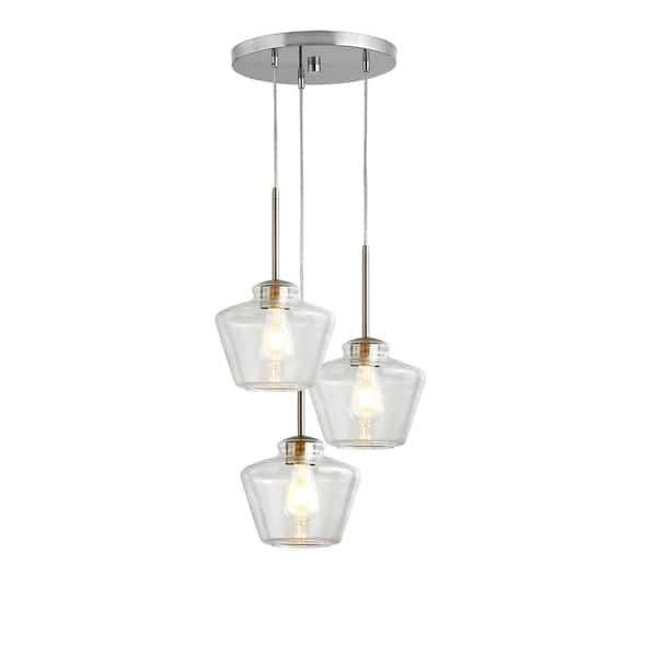HomeGlam Midtown 3-Lights Brushed Nickel Pendant Light with Clear Glass Shades