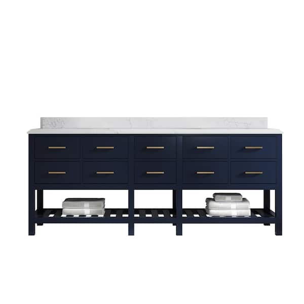 Willow Collections Parker 84 in. Double Sink Freestanding Navy Blue Bath Vanity with 1.5 Empira White Quartz Top Unassembled