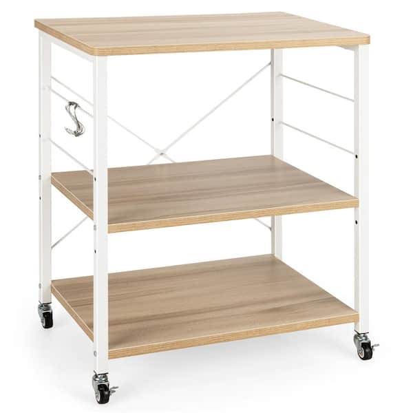 Costway 3-Tier Kitchen Baker's Rack Microwave Oven Storage Cart with Hooks Beige