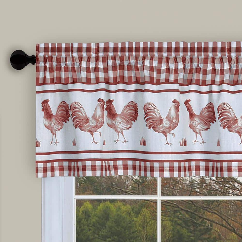 Burgundy Rooster Gingham Plaid Rod Pocket Valance