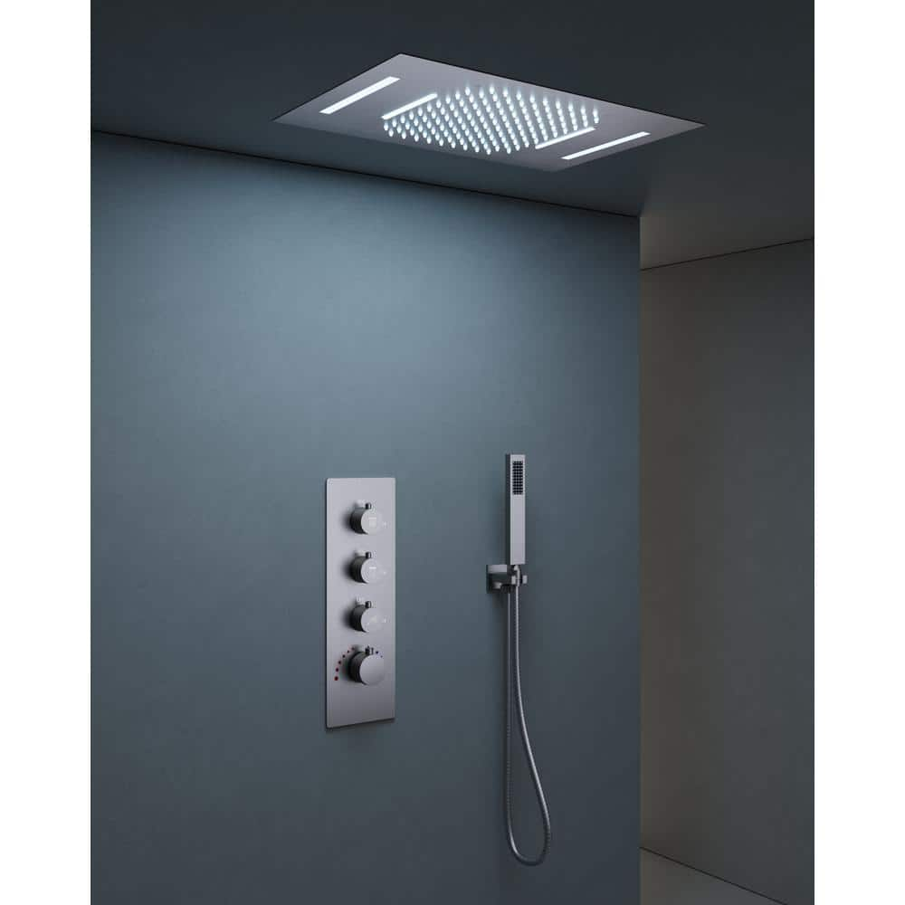 CRANACH Thermostatic 7-Spray Ceiling Mount 23 x 15 in. Rectangle LED Shower  Head with Hand Shower and Valve in Brushed Nickel CR1-S024-NI-1 - The Home  Depot