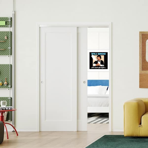 48 in. x 80 in. 1-Panel, Hollow Core, Composite, White Primed, Bypass Sliding Door with Aluminium Hardware