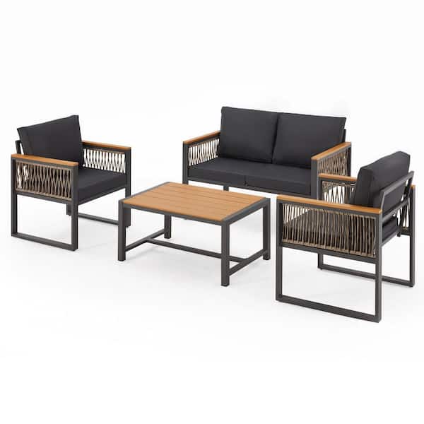 Unbranded 4-Piece Outdoor Furniture Set, Metal Patio Conversation Set with Removable Black Cushions, Woven Armrest & Wood Tabletop