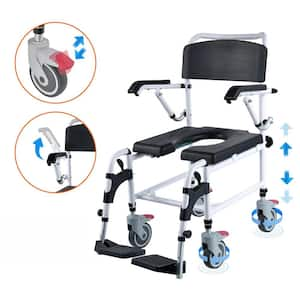 Shower Commode Wheelchair with 4 Lockable Wheels, Footrests, Flip-up Arms,3-Level Adjustable Height, Removable,350 lbs.