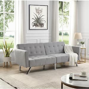 74.8 in. Light Gray Linen Twin Sofa Bed Convertible Folding Lounge Couch Loveseat Sleeper Sofa