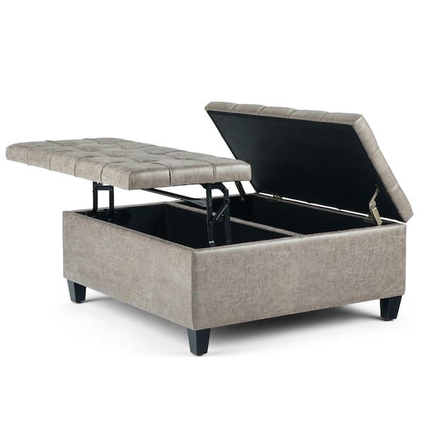 Distressed Grey Taupe Faux Air Leather, Leather Coffee Table Storage Ottoman