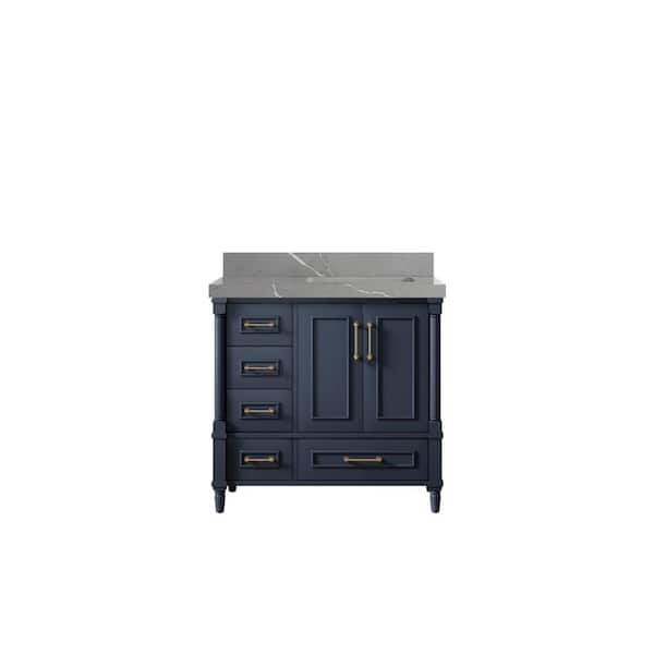 Willow Collections Hudson 36 in. W x 22 in. D x 36 in. H Right Offset Sink Bath Vanity in Navy Blue with 2 in. Piatra Gray Top