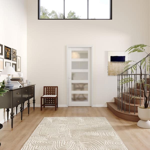 32 in. x 80 in. MDF and Wood, Composite, White Primed, 5 Lite, Frosted Glass Interior Door Slab With Black Lever Handle