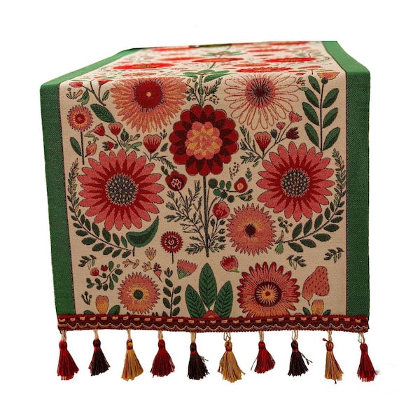 13 in. W x 72 in. L Green Floral Polyester Table Runner