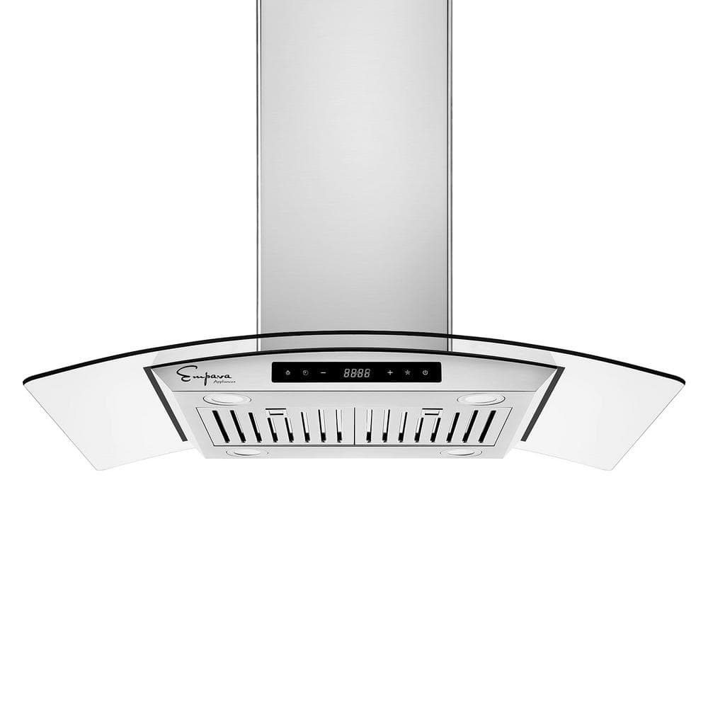 Empava Deluxe 36 in. 400 CFM Ducted Glass Kitchen Island Range Hood in Stainless Steel with Glass Cover and Soft Controls, Silver