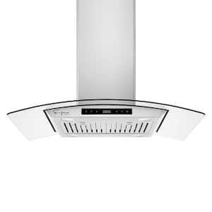 Deluxe 36 in. 400 CFM Ducted Glass Kitchen Island Range Hood in Stainless Steel with Glass Cover and Soft Controls