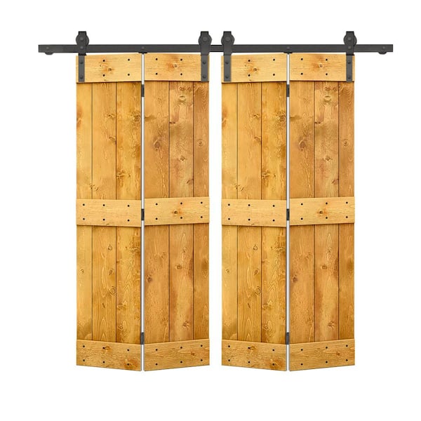 CALHOME 60 in. x 84 in. Mid-Bar Solid Core Colonial Maple Stained DIY Wood Double Bi-Fold Barn Doors with Sliding Hardware Kit