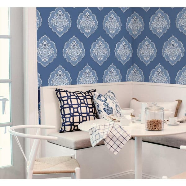 60.75 sq ft Blue Signet Medallion Dam Pre-Pasted Wallpaper