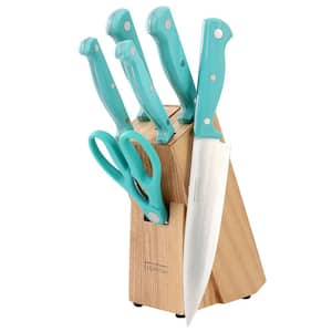 Keswick 7 Piece Stainless Steel Cutlery and Wood Block Set in Teal