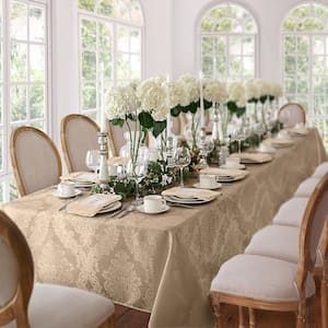 60 in. W x 84 in. L Oblong Beige Barcelona Damask Fabric Tablecloth