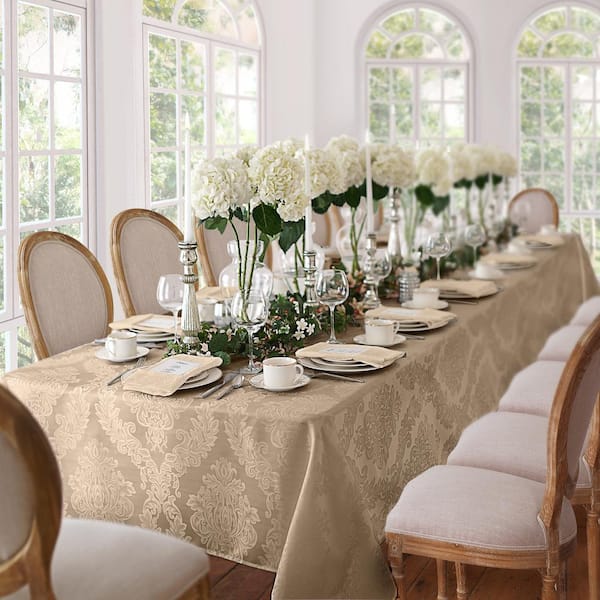 Elrene 60 in. W x 144 in. L Beige Barcelona Damask Fabric Tablecloth
