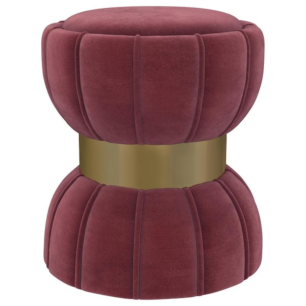 Benjara Soraya Red Wine and Gold Fabric Round Accent Ottoman