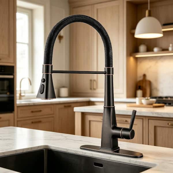 Spring 21 in. Single Handle Pull down Sprayer Kitchen Faucet with 3-Mode Spray 360° Spout Swivel in Oil Rubbed Bronze