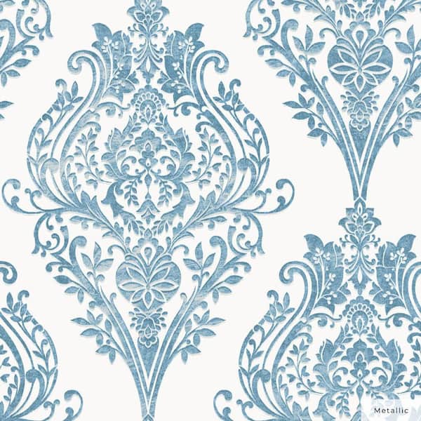 Tempaper Metallic Coastal Blue Estate Damask Unpasted Wallpaper Roll (Covers 56 sq. ft.)