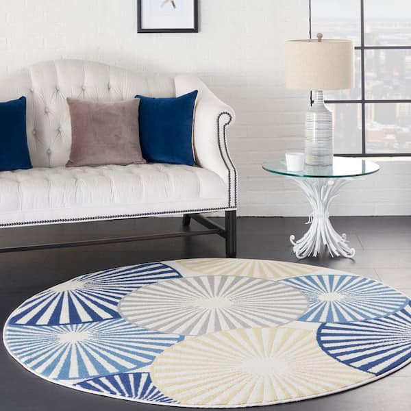 Grafix White 5 ft. x 5 ft. Geometric Contemporary Round Rug
